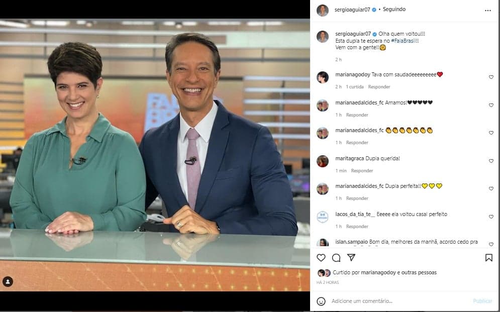 Sérgio Aguiar posou ao lado de Mariana Godoy no retorno nela ao Fala Brasil Sérgio Aguiar posou ao lado de Mariana Godoy no retorno nela ao Fala Brasil