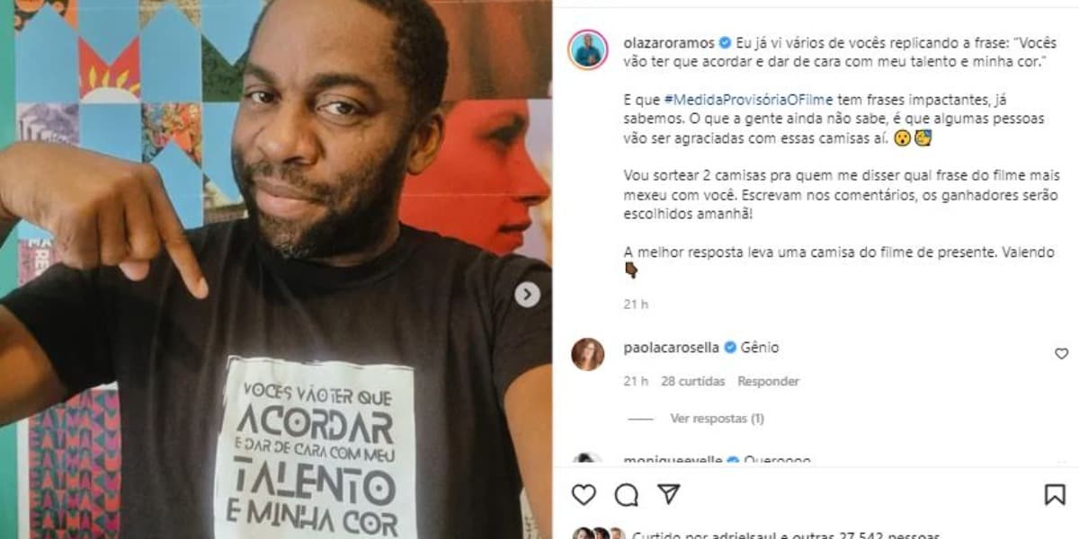 Lázaro Ramos divulgando o filme "Medida Provisória" (Foto: Reprodução/Instagram) Lázaro Ramos divulgando o filme "Medida Provisória" (Foto: Reprodução/Instagram)