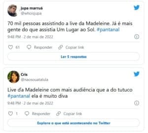 Madeleine (Karine Teles) fez uma live bombástica com Zaquieu (Silvero Pereira) em Pantanal e internautas debocharam de Arthur Aguiar (Foto: Reprodução / Twitter) Madeleine (Karine Teles) fez uma live bombástica com Zaquieu (Silvero Pereira) em Pantanal e internautas debocharam de Arthur Aguiar (Foto: Reprodução / Twitter)