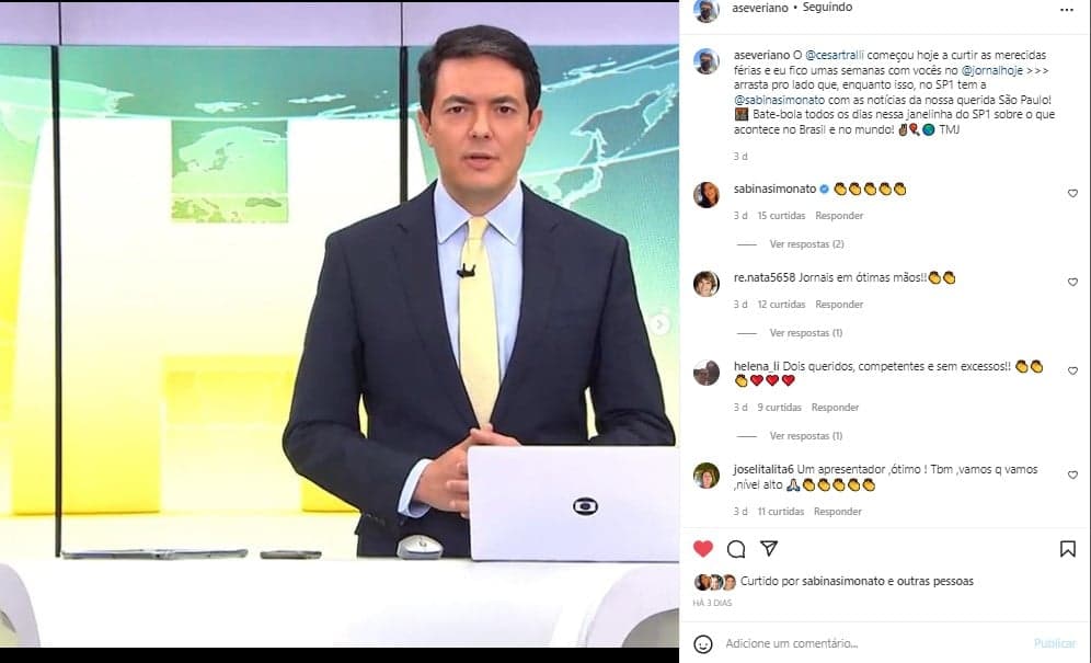 Alan Severiano comunicou a mudança temporária nos telejornais da Globo em seu perfil no Instagram Alan Severiano comunicou a mudança temporária nos telejornais da Globo em seu perfil no Instagram