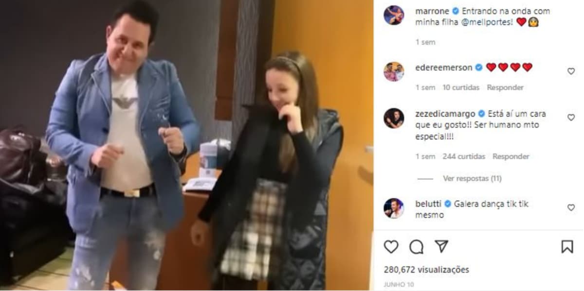 Marrone dançou com a filha, Bell Portes, e ganhou recado de Zezé (Foto: Reprodução/Instagram) Marrone dançou com a filha, Bell Portes, e ganhou recado de Zezé (Foto: Reprodução/Instagram)