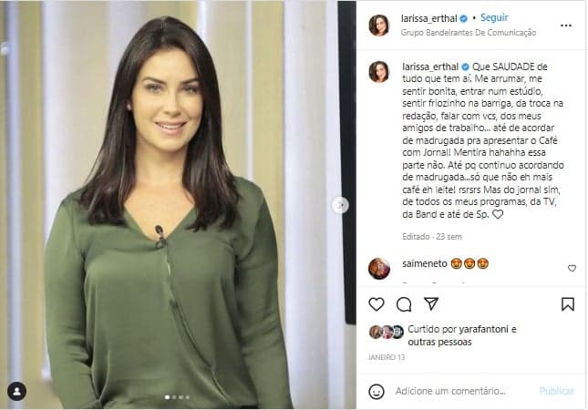 Larissa Erthal falou sobre a saudade do trabalho nas suas redes sociais Larissa Erthal falou sobre a saudade do trabalho nas suas redes sociais
