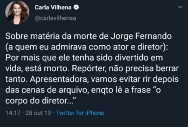 Tweet de Carla Vilhena foi interpretado como racismo contra Maju Coutinho Tweet de Carla Vilhena foi interpretado como racismo contra Maju Coutinho