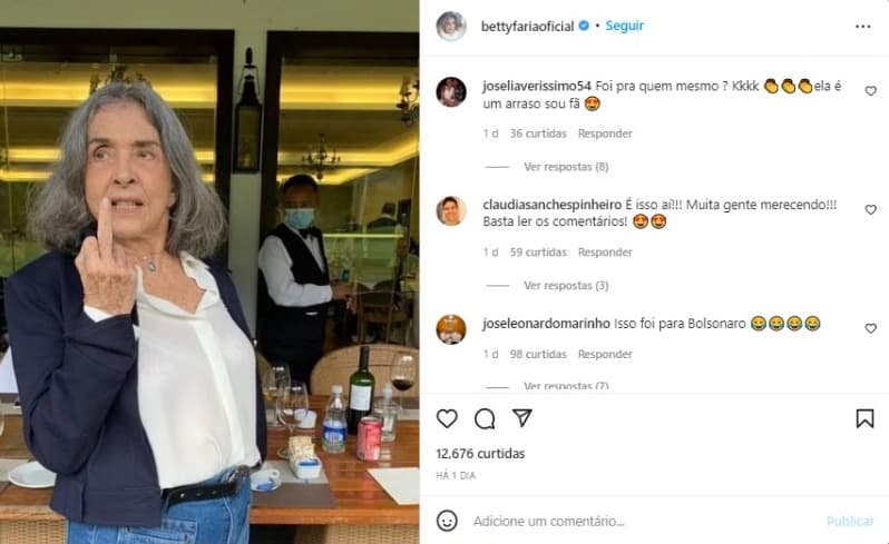 Betty Faria publica foto com gesto obsceno nas redes sociais (Foto: Reprodução/Instagram) Betty Faria publica foto com gesto obsceno nas redes sociais (Foto: Reprodução/Instagram)