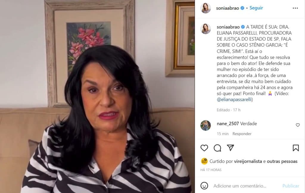 Sônia Abrão publicou o vídeo de Eliana Passarelli falando sobre o caso de Stênio Garcia e Marilene Saade Sônia Abrão publicou o vídeo de Eliana Passarelli falando sobre o caso de Stênio Garcia e Marilene Saade