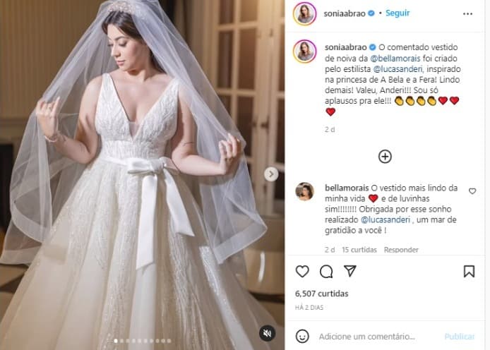 Vestido da nora de Sonia Abrão em seu casamento (Foto: Reprodução/Instagram) Vestido da nora de Sonia Abrão em seu casamento (Foto: Reprodução/Instagram)