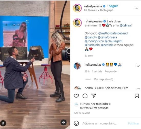 Post de Rafael Pessina nas redes sociais na ocasião do pedido de casamento (Foto: Reprodução/Instagram) Post de Rafael Pessina nas redes sociais na ocasião do pedido de casamento (Foto: Reprodução/Instagram)