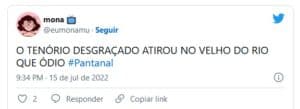 Em Pantanal, Tenório (Murilo Benício) atirou no Velho do Rio (Osmar Prado) em forma de sucuri (Foto: Reprodução / Twitter) Em Pantanal, Tenório (Murilo Benício) atirou no Velho do Rio (Osmar Prado) em forma de sucuri (Foto: Reprodução / Twitter)