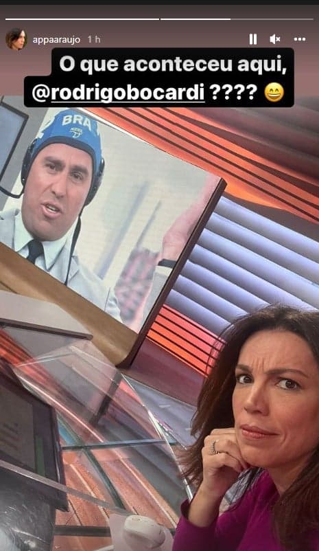 Ana Paula Araújo surgiu espantada com o visual de Rodrigo Bocardi Ana Paula Araújo surgiu espantada com o visual de Rodrigo Bocardi