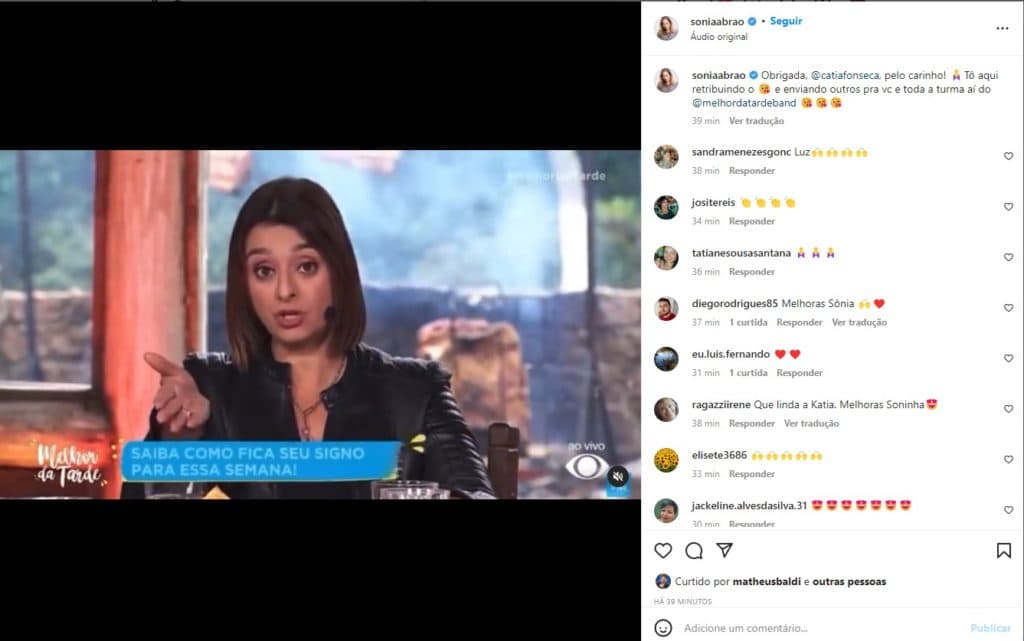 Sonia Abrão compartilhou o recado de Catia Fonseca no seu Instagram e retribuiu o carinho da apresentadora Sonia Abrão compartilhou o recado de Catia Fonseca no seu Instagram e retribuiu o carinho da apresentadora