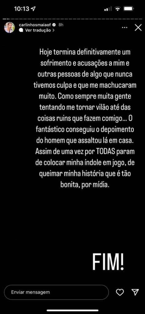 De acordo com Carlinhos Maia, sofrimento acabou (Reprodução) De acordo com Carlinhos Maia, sofrimento acabou (Reprodução)