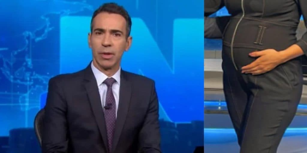 César Tralli impressiona e mostra gravidez de âncora do JN com foto do barrigão explodindo: "Tá chegando"