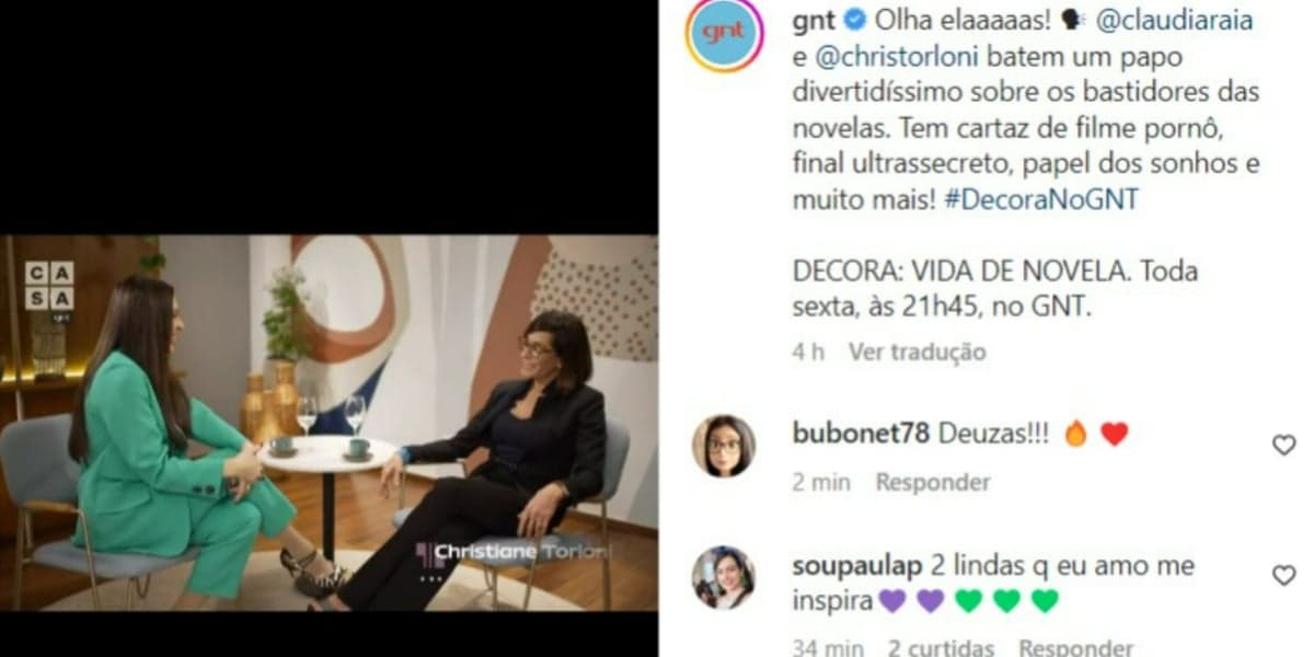 Claudia Raia e Christiane Torloni tiveram um bate-papo animado no "Decora" (Foto: Reprodução/Instagram) Claudia Raia e Christiane Torloni tiveram um bate-papo animado no "Decora" (Foto: Reprodução/Instagram)
