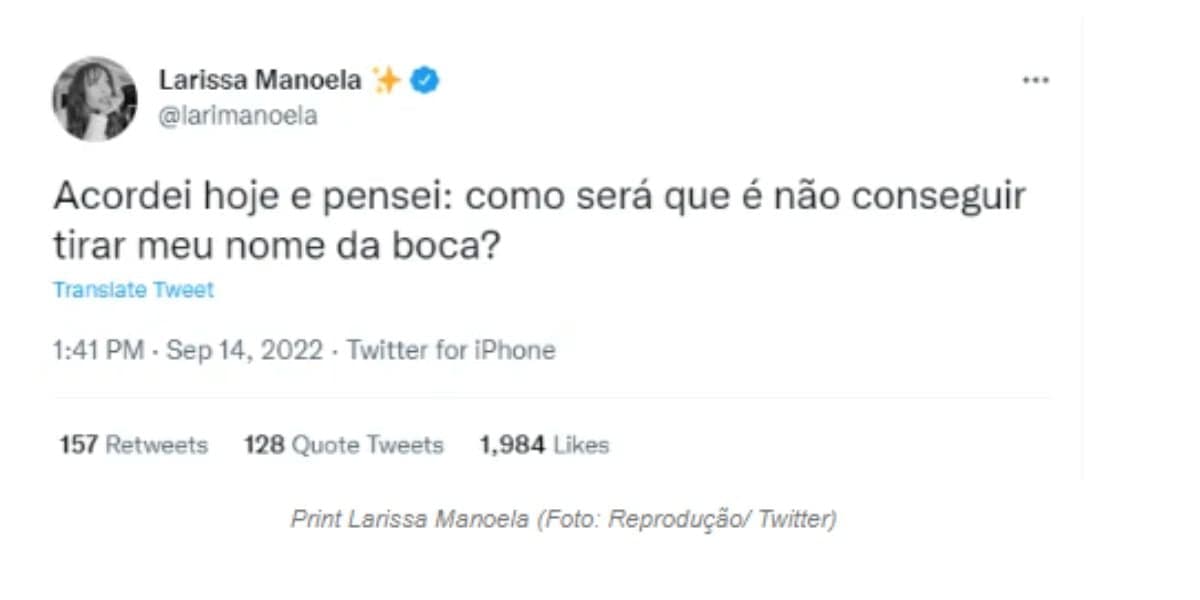 “Acordei hoje e pensei: como será que é não conseguir tirar meu nome da boca?" disse Larissa Manoela. “Acordei hoje e pensei: como será que é não conseguir tirar meu nome da boca?" disse Larissa Manoela.