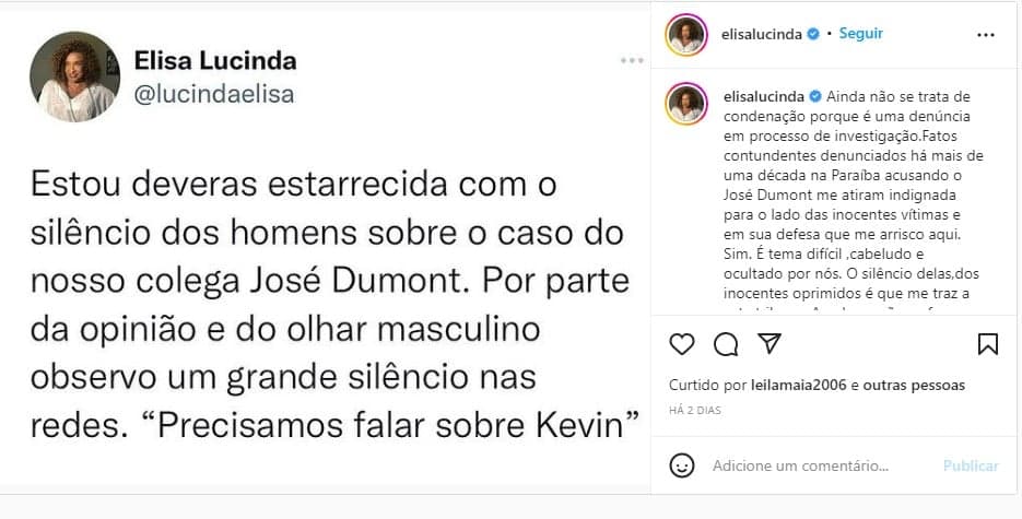Elisa Lucinda desabafou sobre as declarações de José Dumont após a prisão Elisa Lucinda desabafou sobre as declarações de José Dumont após a prisão