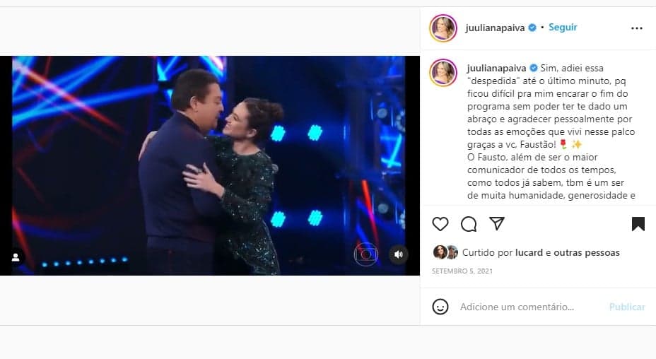 Juliana Paiva fez uma bela homenagem para Faustão após a saída do apresentador da Globo Juliana Paiva fez uma bela homenagem para Faustão após a saída do apresentador da Globo