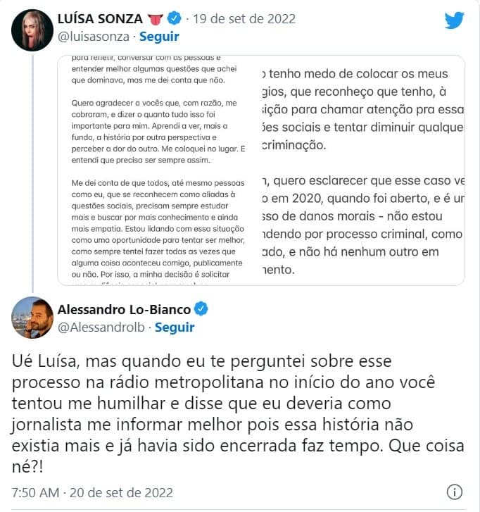 Lo Bianco rebateu Luísa Sonza no Twitter Lo Bianco rebateu Luísa Sonza no Twitter