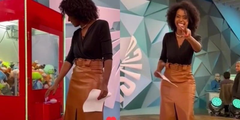 Maju Coutinho se divertiu com a brincadeira no estúdio do Fantástico Maju Coutinho se divertiu com a brincadeira no estúdio do Fantástico