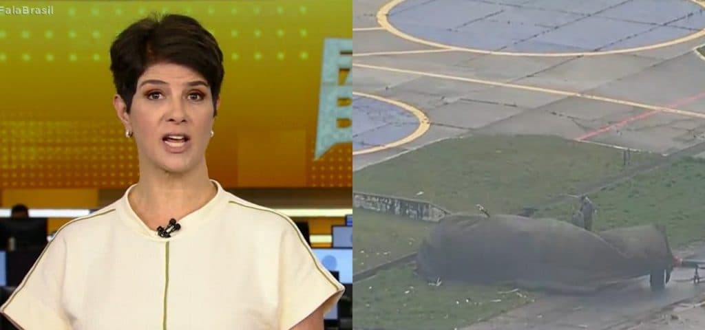 Mariana Godoy para o Fala Brasil e é informada sobre acidente com helicóptero na Record: "Acabou tombando"
