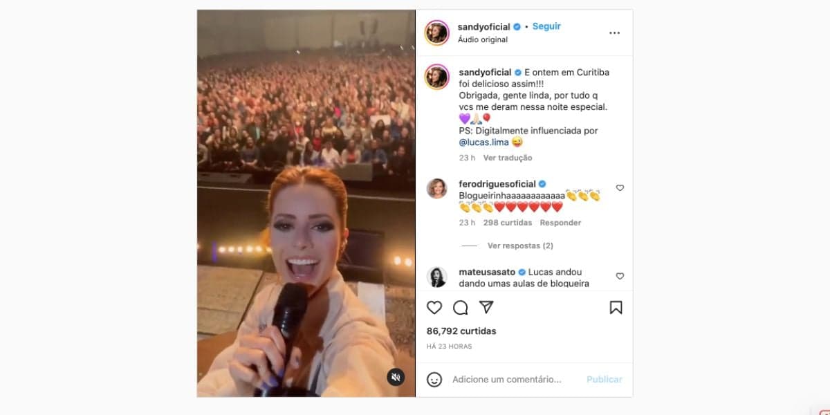 De acordo com Sandy, Lucas Lima a influenciou a fazer vídeo (Reprodução) De acordo com Sandy, Lucas Lima a influenciou a fazer vídeo (Reprodução)