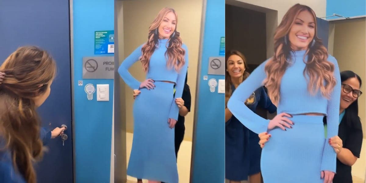 Patrícia Poeta é surpreendida com um totem com a sua imagem (Reprodução: Instagram) Patrícia Poeta é surpreendida com um totem com a sua imagem (Reprodução: Instagram)