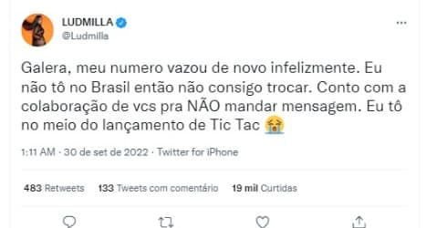 Apelo de Ludmilla (Foto: Reprodução/Twitter) Apelo de Ludmilla (Foto: Reprodução/Twitter)