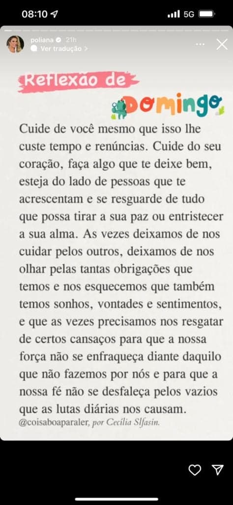De acordo com esposa de cantor, lembrar de cuidar de si mesmo é importante De acordo com esposa de cantor, lembrar de cuidar de si mesmo é importante