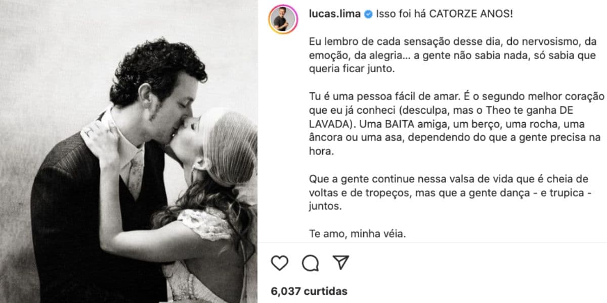 Lucas Lima faz textão para celebrar 14 anos de casamento com Sandy (Reprodução) Lucas Lima faz textão para celebrar 14 anos de casamento com Sandy (Reprodução)