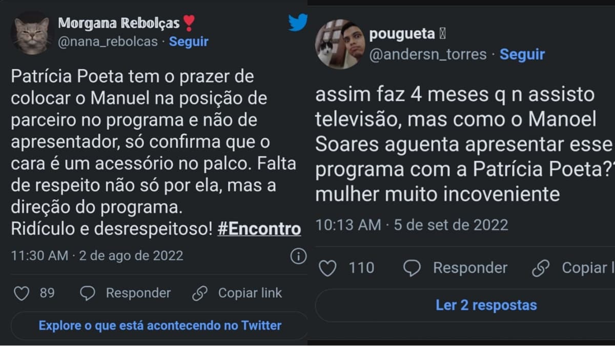 Alguns internautas criticam o vício de linguagem de Patrícia Poeta e a relevância de Manoel Soares Alguns internautas criticam o vício de linguagem de Patrícia Poeta e a relevância de Manoel Soares