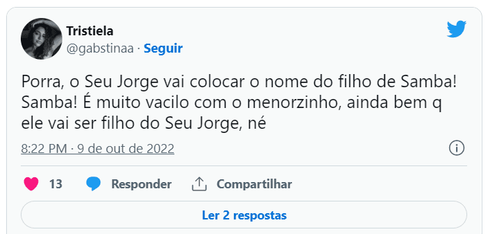 Algumas opiniões de usuários do Twitter a respeito do nome que Seu Jorge escolheu para o herdeiro (Foto Reprodução/Twitter) Algumas opiniões de usuários do Twitter a respeito do nome que Seu Jorge escolheu para o herdeiro (Foto Reprodução/Twitter)