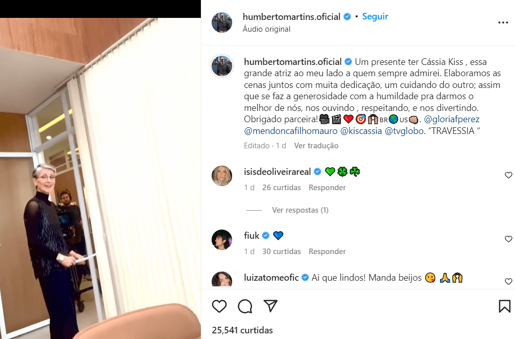 Postagem que Humberto Martins fez para elogiar Cássia Kis (Foto Reprodução/Instagram) Postagem que Humberto Martins fez para elogiar Cássia Kis (Foto Reprodução/Instagram)