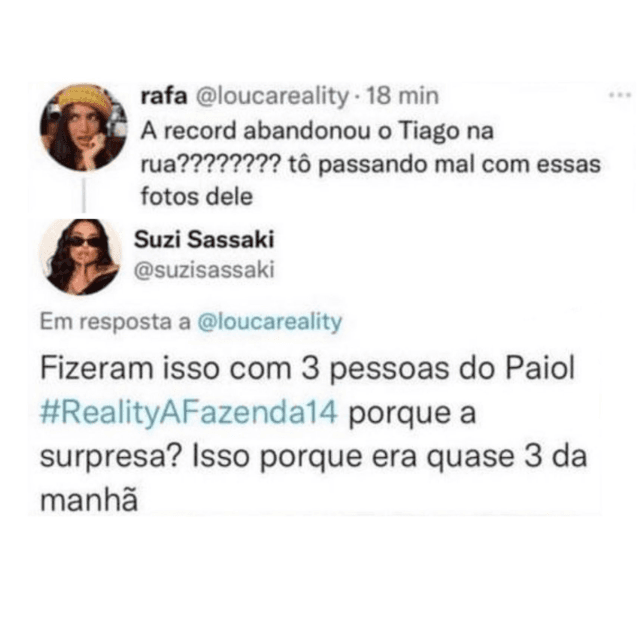 Comentário de Suzi Sasaki no Twitter sobre o que a Record fez com os participantes do paiol (Foto Reprodução/Twitter) Comentário de Suzi Sasaki no Twitter sobre o que a Record fez com os participantes do paiol (Foto Reprodução/Twitter)