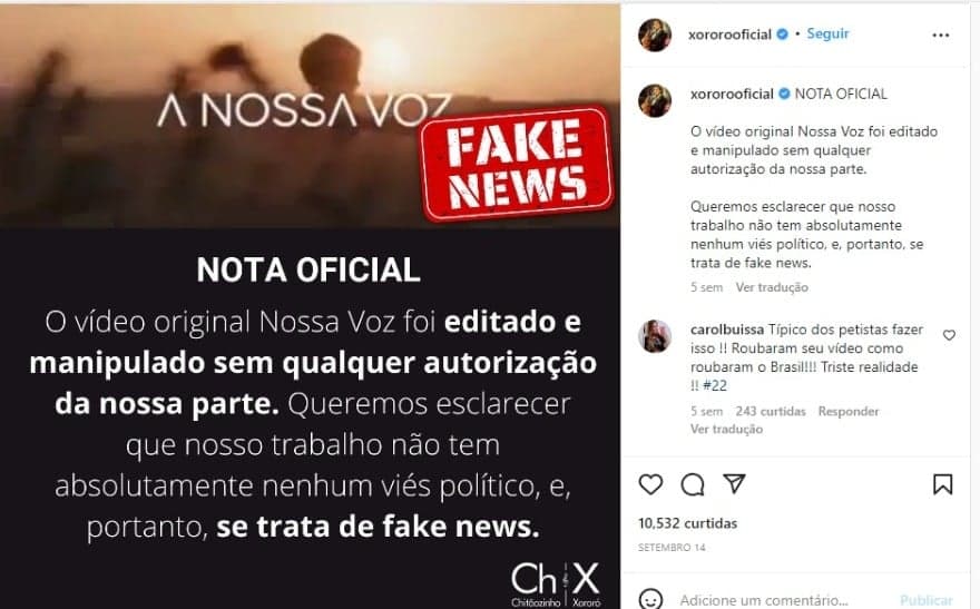 Post de Xororó (Foto: Reprodução/Instagram) Post de Xororó (Foto: Reprodução/Instagram)