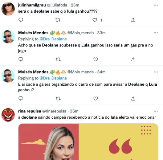 Público diz que Deolane ficará feliz com vitória de Lula (Reprodução) Público diz que Deolane ficará feliz com vitória de Lula (Reprodução)