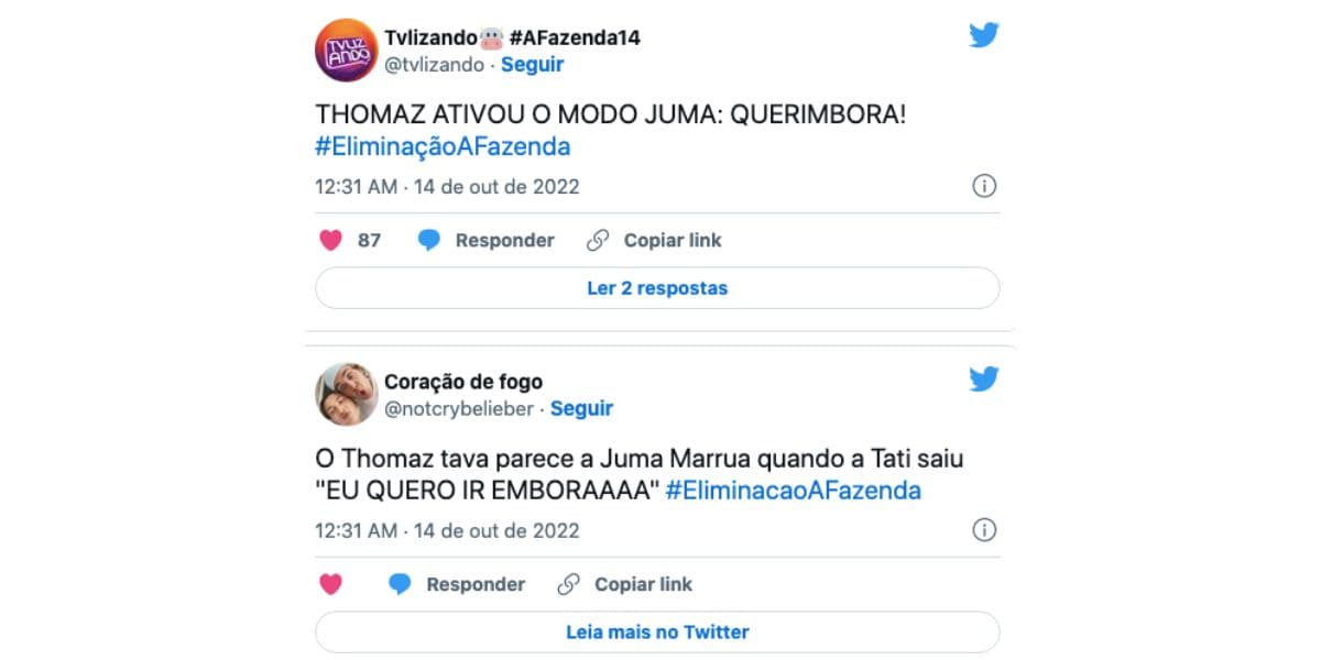 De acordo com internautas, Thomaz Costa está fazendo o mesmo que Juma na Fazenda 14 (Reprodução) De acordo com internautas, Thomaz Costa está fazendo o mesmo que Juma na Fazenda 14 (Reprodução)