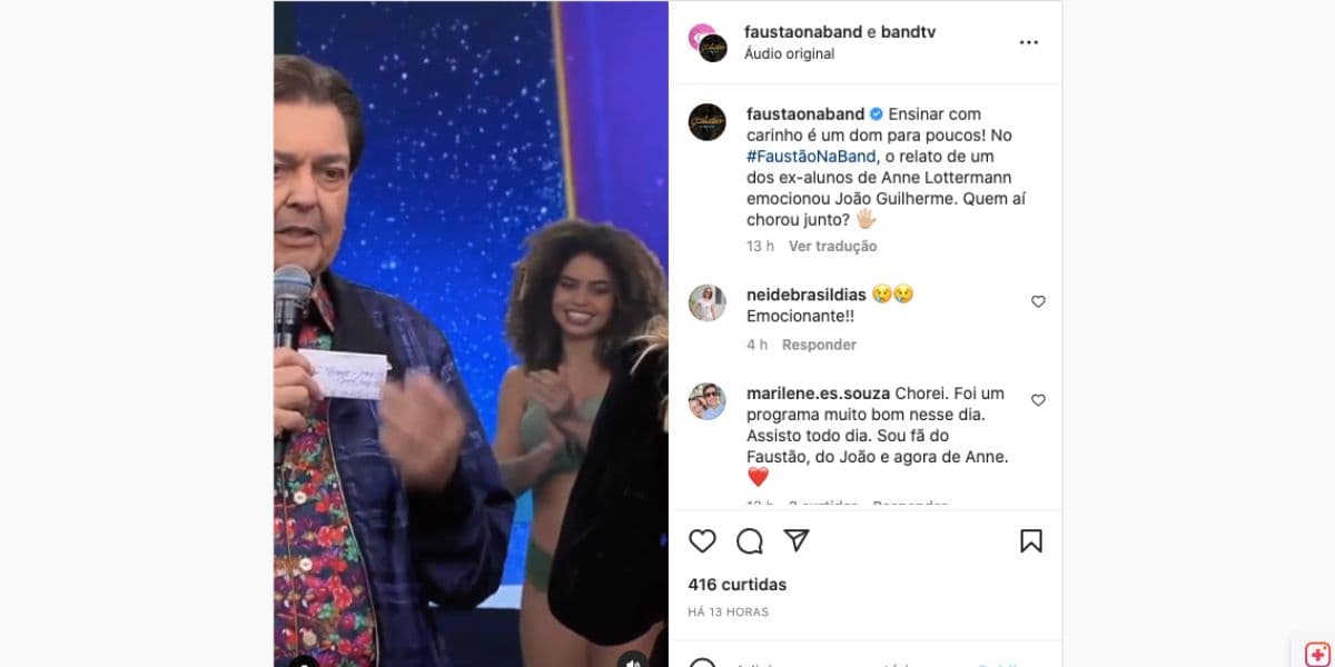 Apresentador mostra relato emocionante na Band (Reprodução) Apresentador mostra relato emocionante na Band (Reprodução)