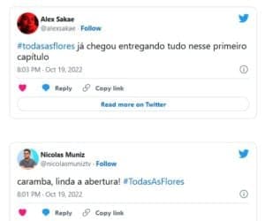 Estreia de Todas as Flores no streaming nesta quarta-feira (19) recebe elogios: "Entregou tudo neste primeiro capítulo" (Foto: Reprodução / Twitter) Estreia de Todas as Flores no streaming nesta quarta-feira (19) recebe elogios: "Entregou tudo neste primeiro capítulo" (Foto: Reprodução / Twitter)