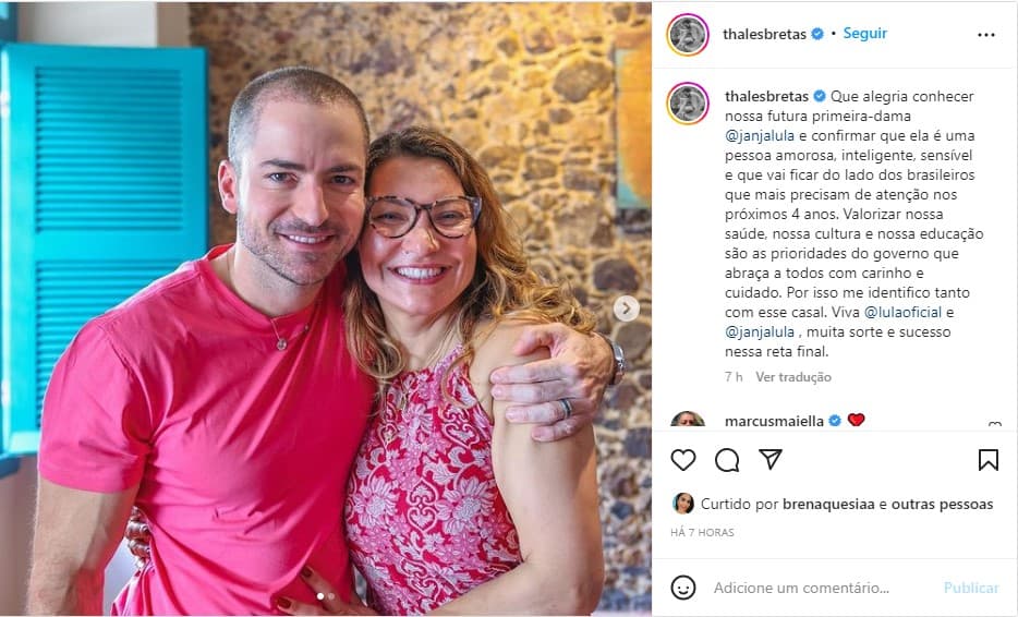 Viúvo de Paulo Gustavo, Thales Bretas, mostra apoio político em post no Instagram - Foto: Reprodução Viúvo de Paulo Gustavo, Thales Bretas, mostra apoio político em post no Instagram - Foto: Reprodução