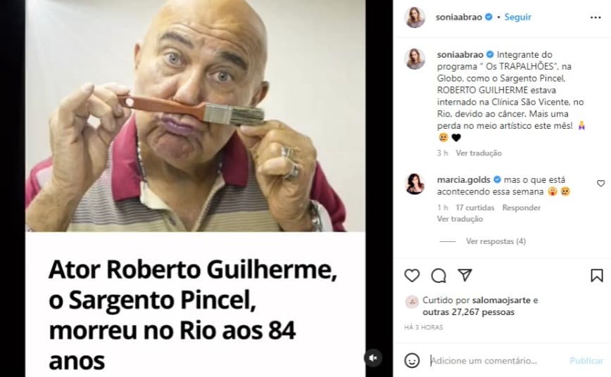 Sonia Abrão noticia morte de famoso ator (Foto: Reprodução/Instagram) Sonia Abrão noticia morte de famoso ator (Foto: Reprodução/Instagram)