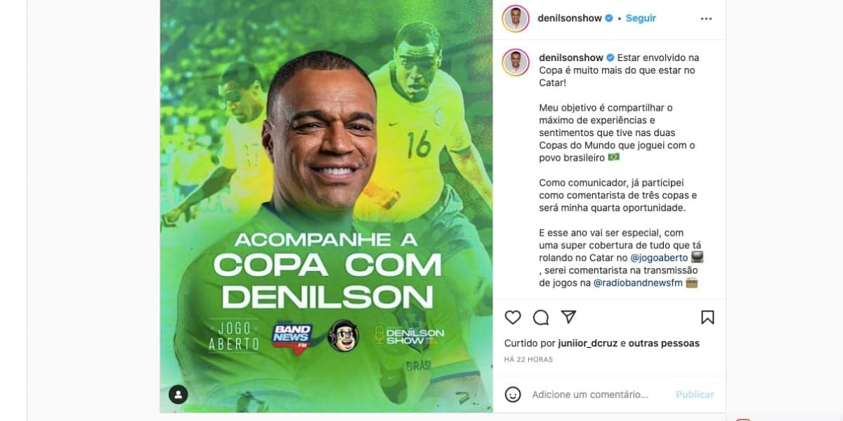 De acordo com Denílson, Casimiro também comentará a Copa do Mundo (Reprodução) De acordo com Denílson, Casimiro também comentará a Copa do Mundo (Reprodução)
