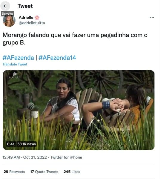 Moranguinho expõe plano na Fazenda 14 (Reprodução) Moranguinho expõe plano na Fazenda 14 (Reprodução)