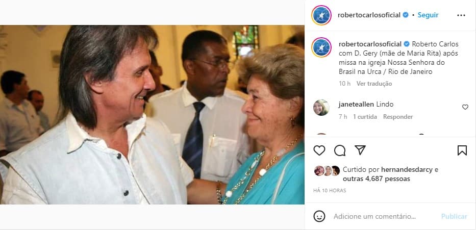 Roberto Carlos divulga foto com mãe do seu grande amor, que já morreu - Foto: Reprodução Roberto Carlos divulga foto com mãe do seu grande amor, que já morreu - Foto: Reprodução
