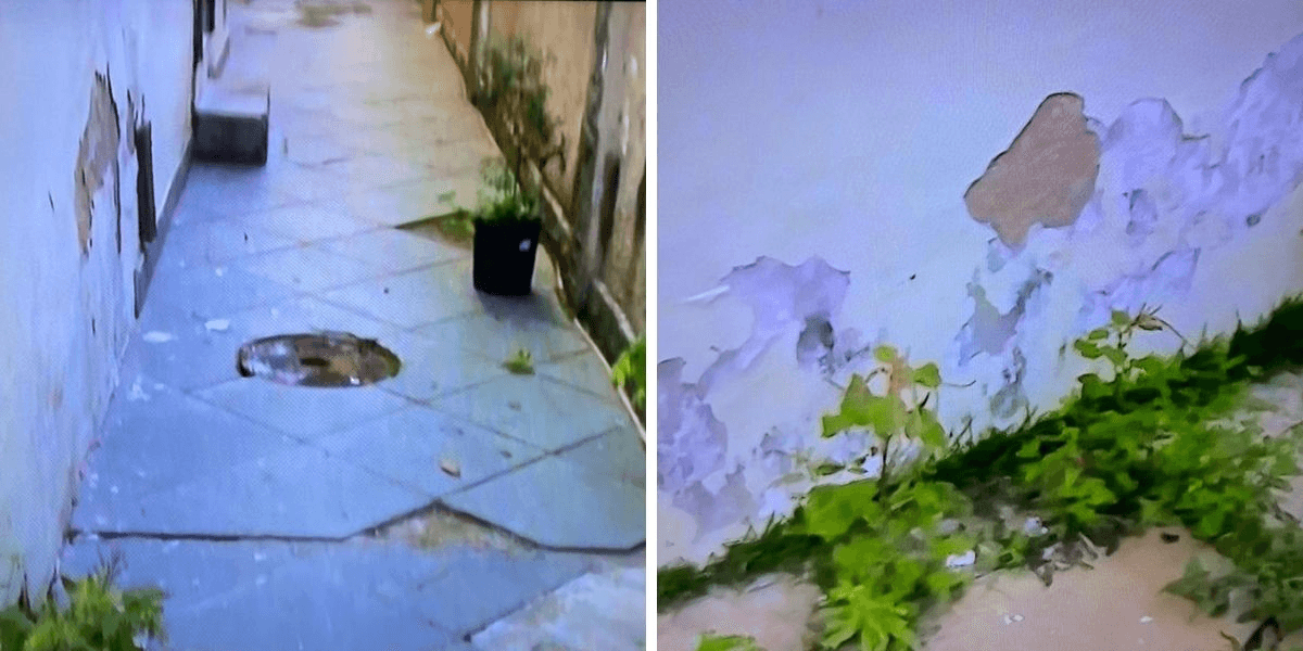 Piso e parede completamente descascados e com azulejos quebrados (Foto: Divulgação) Piso e parede completamente descascados e com azulejos quebrados (Foto: Divulgação)
