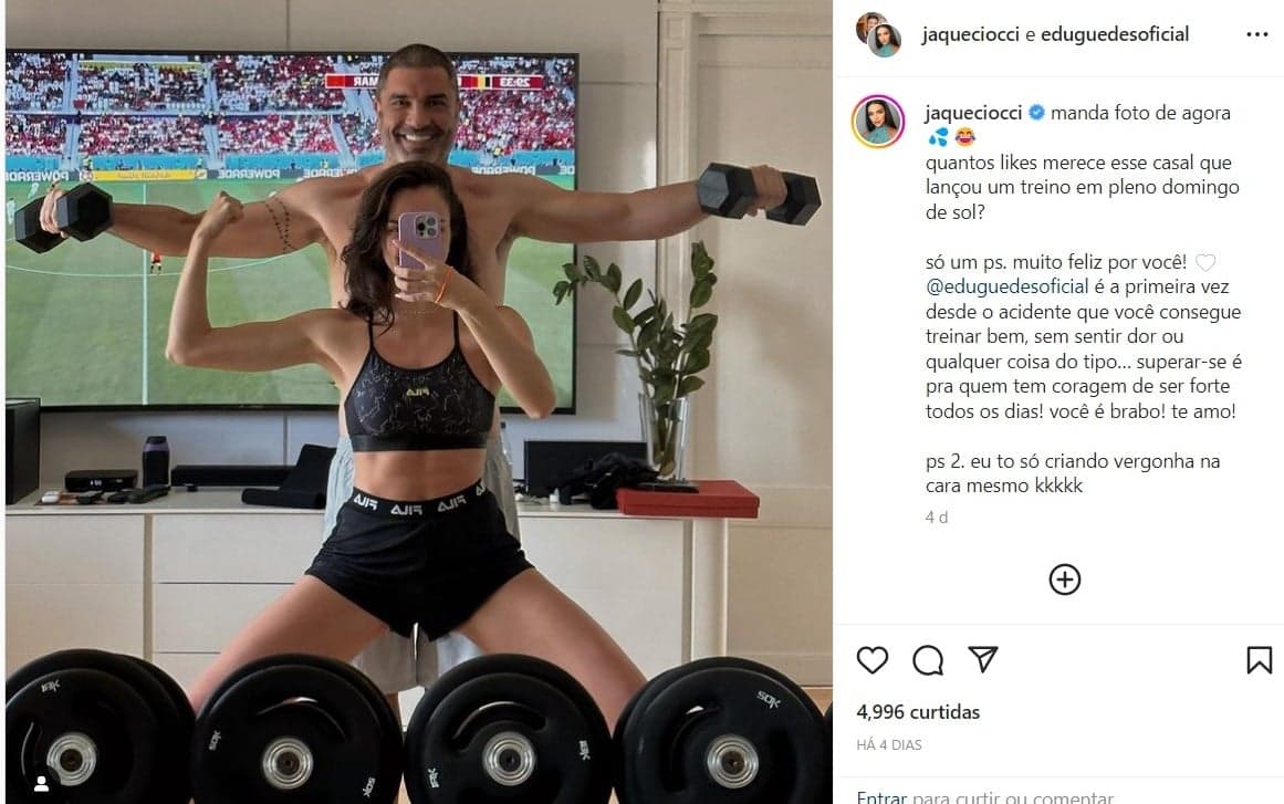 Jaqueline Ciocci mostra Edu Guedes malhando e compartilha situação com amado Jaqueline Ciocci mostra Edu Guedes malhando e compartilha situação com amado