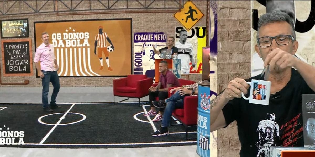 Neto mostra óculos de Velloso dentro de caneca no Os Donos da Bola Neto mostra óculos de Velloso dentro de caneca no Os Donos da Bola