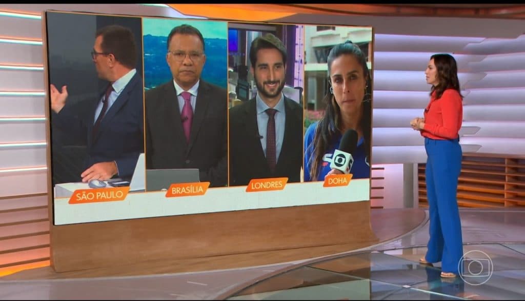 Ana Paula Araújo se assustou com a tempestade que se formou atrás de Rodrigo Bocardi- Foto: Reprodução/Globo Ana Paula Araújo se assustou com a tempestade que se formou atrás de Rodrigo Bocardi- Foto: Reprodução/Globo