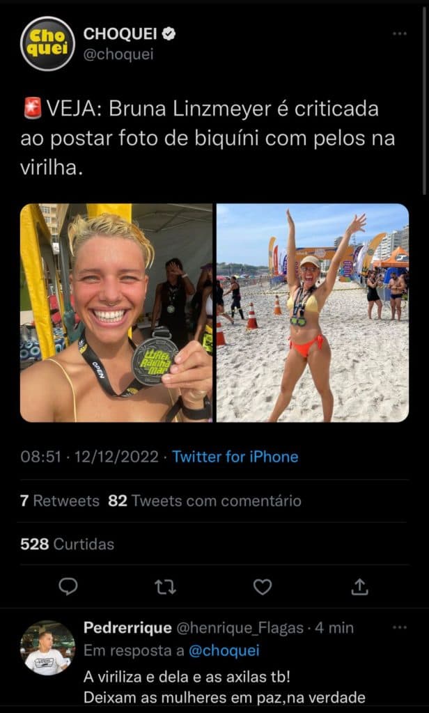 Bruna Linzmeyer é criticada por conta de seus pelos (Reprodução) Bruna Linzmeyer é criticada por conta de seus pelos (Reprodução)