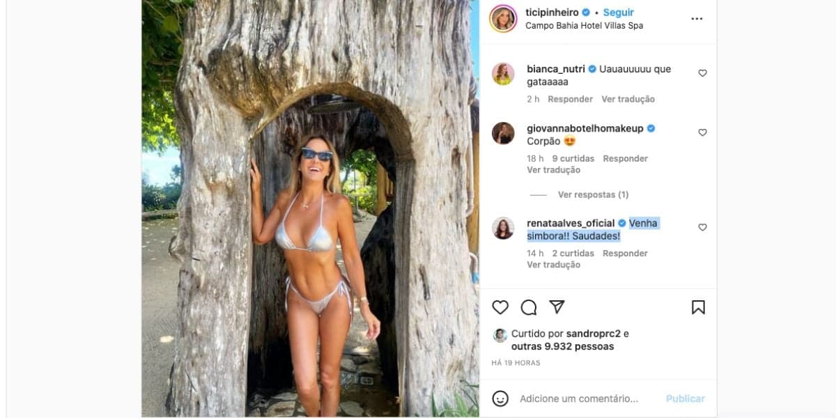 Tici Pinheiro, que está fora do Hoje Em Dia, mostra que está aproveitando as férias da Record na Bahía e recebe recado de Renata Alves, que pede para ela voltar logo para o trabalho devido a saudade (Foto: Reprodução / Instagram ) Tici Pinheiro, que está fora do Hoje Em Dia, mostra que está aproveitando as férias da Record na Bahía e recebe recado de Renata Alves, que pede para ela voltar logo para o trabalho devido a saudade (Foto: Reprodução / Instagram )