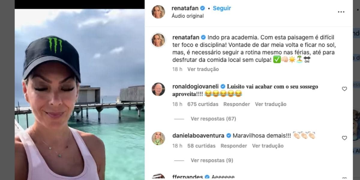 Nas redes sociais, Renata Fan, que está fora do Jogo Aberto, da Band, compartilha vídeo em frente ao mar durante viagem e confessa dilema para ir para a academia ao invés de tomar sol (Foto: Reprodução / Instagram) Nas redes sociais, Renata Fan, que está fora do Jogo Aberto, da Band, compartilha vídeo em frente ao mar durante viagem e confessa dilema para ir para a academia ao invés de tomar sol (Foto: Reprodução / Instagram)