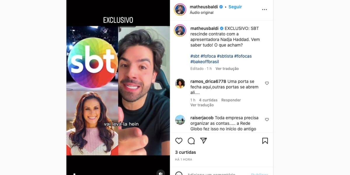 Matheus Baldi confirma demissão de Nadja Haddad, que estava há anos na empresa de Silvio Santos, do SBT (Foto: Reprodução / Instagram) Matheus Baldi confirma demissão de Nadja Haddad, que estava há anos na empresa de Silvio Santos, do SBT (Foto: Reprodução / Instagram)